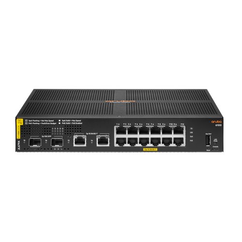 Image of HPE Aruba 6100 12G Class4 PoE 2G/2SFP+ 139W Switch - Switch - L3 - gestito - 12 x 10/100/1000 (PoE+) + 2 x 1 Gigabit / 10 Gigabit SFP+ + 2 x 1000Base-T - montabile su rack - PoE+ (139 W)