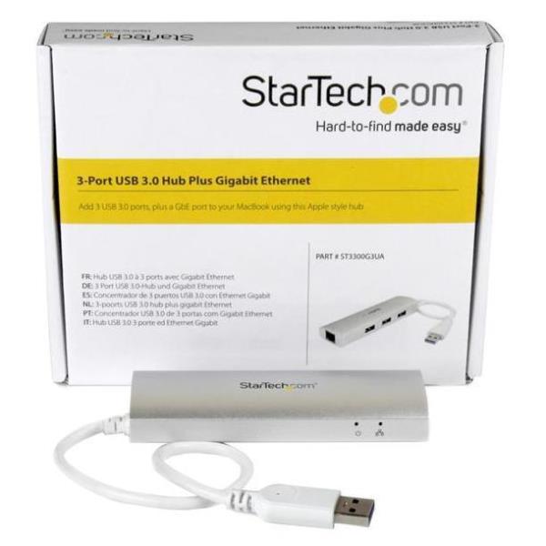 Image of StarTech.com Hub USB a 3 porte con Ethernet, 3 porte USB-A, Gigabit Ethernet/GbE, USB 5Gbps, alimentato tramite USB, hub USB 3.0 portatile per notebook
