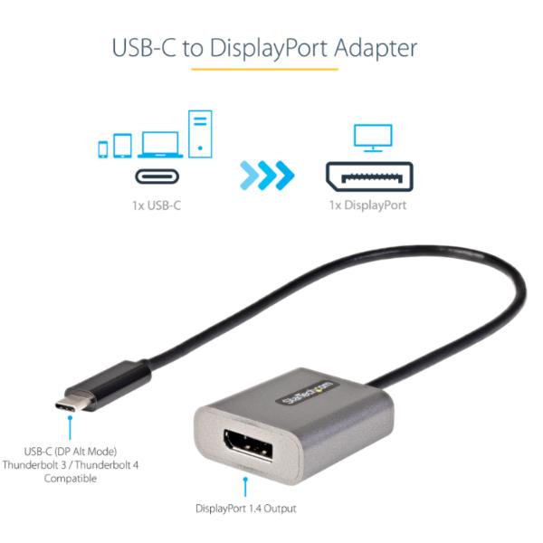 Image of StarTech.com Adattatore USB C a DisplayPort 8K/4K 60Hz - Adattatore Dongle USB-C a DisplayPort 1.4 - Convertitore video USB Type-C a DP Monitor - Funziona con Thunderbolt 3 - Cavo integrato da 30 cm