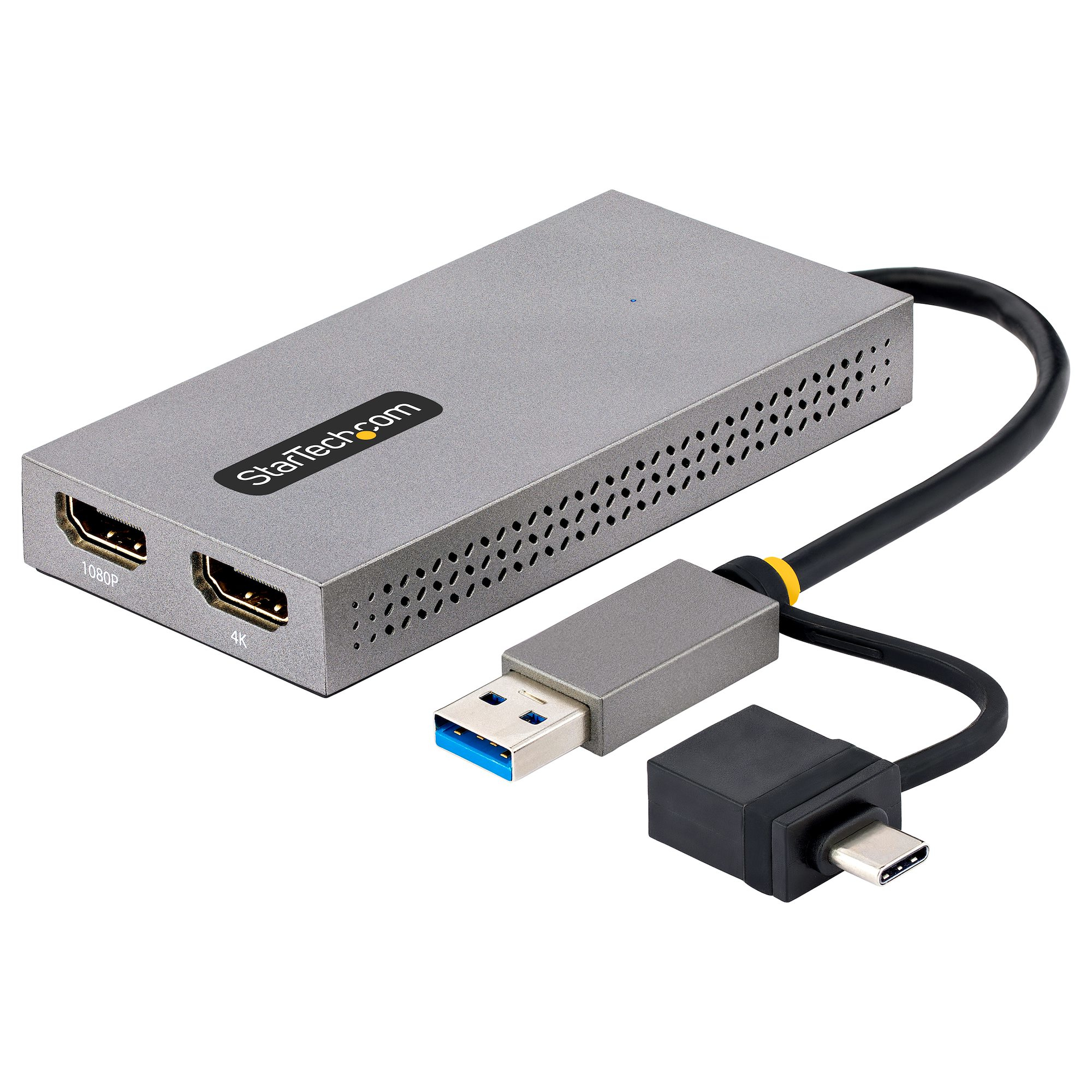 Image of StarTech.com Adattatore USB 3.0 a HDMI, Scheda Video Esterna USB 3.0 a Doppio HDMI (1x 4K30Hz/1x 1080p), Cavo da 11cm integrato con Dongle da USB-A a USB-C; Convertitore da USB-A/C a Dual HDMI - Win/Mac