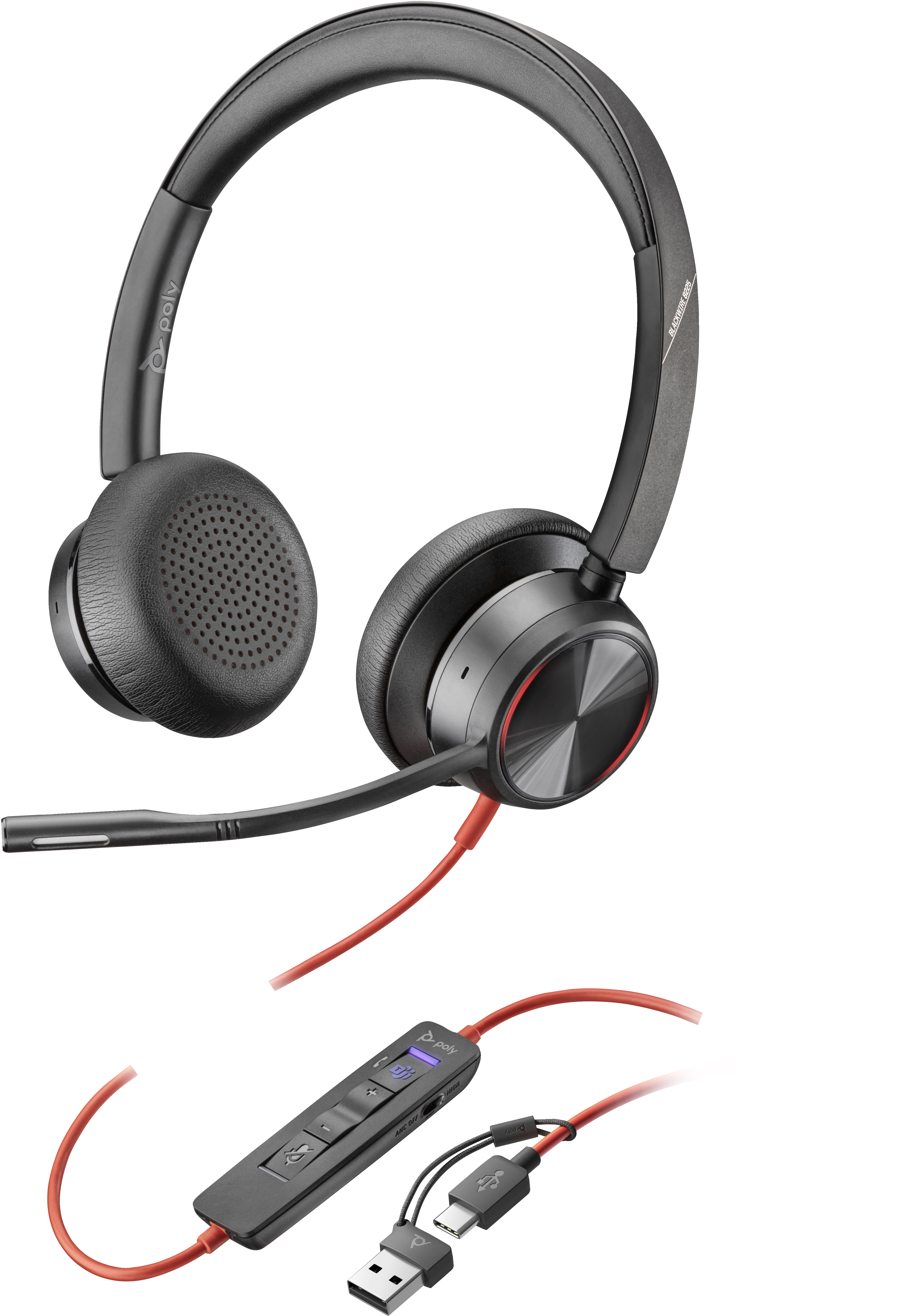 POLY Cuffie stereo Blackwire 8225 con connettore USB-C, certificate per Microsoft Teams + adattatore USB-C/A