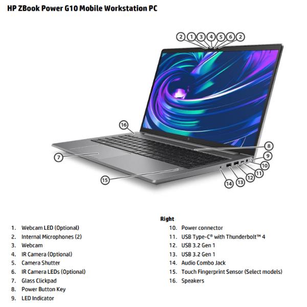 Image of HP ZBook Power G10 AMD Ryzen™ 9 PRO 7940HS Workstation mobile 39,6 cm (15.6") Full HD 32 GB DDR5-SDRAM 1 TB SSD NVIDIA RTX 2000 Ada Wi-Fi 6E (802.11ax) Windows 11 Pro Argento