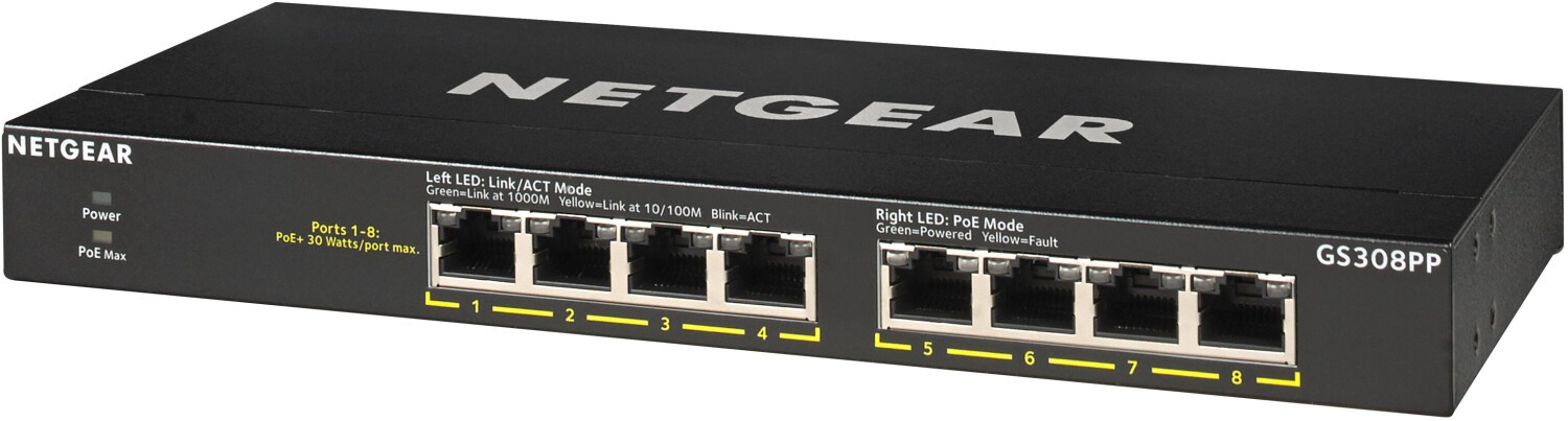 Image of Netgear GS308PP Non gestito Gigabit Ethernet (10/100/1000) Nero Supporto Power over Ethernet (PoE)