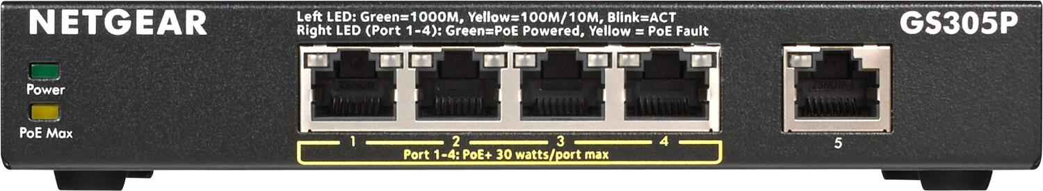 Image of Netgear GS305Pv2 Non gestito Gigabit Ethernet (10/100/1000) Supporto Power over Ethernet (PoE) Nero