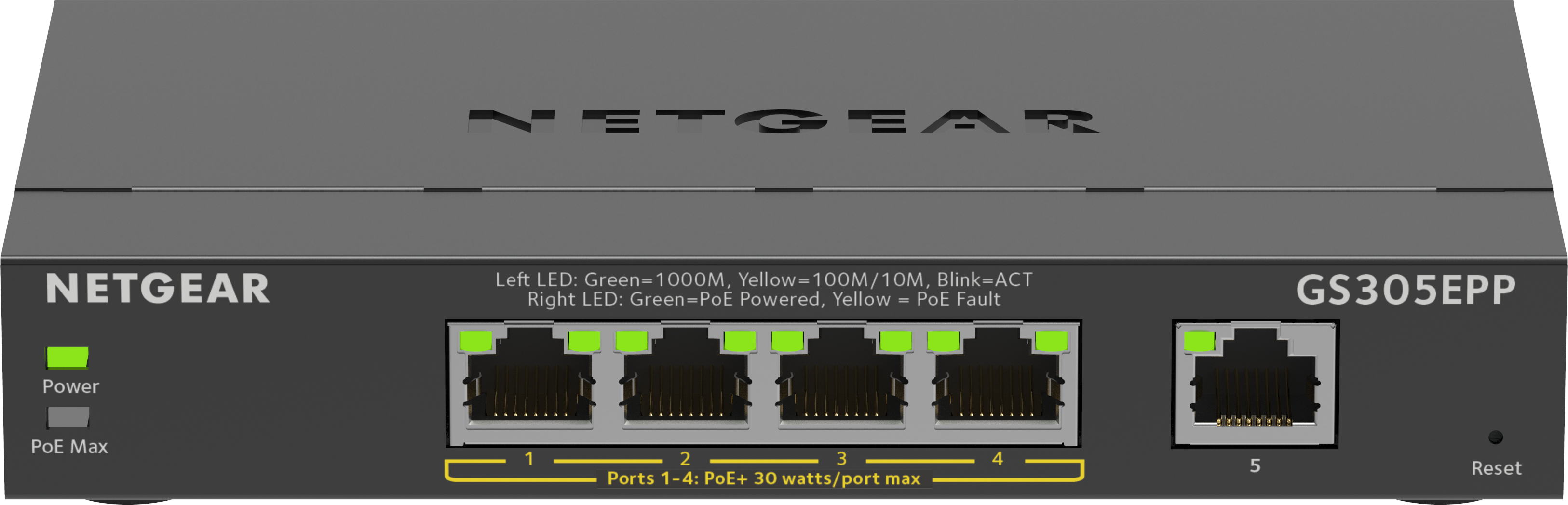 Image of NETGEAR 5-Port Gigabit Ethernet High-Power PoE+ Plus Switch (GS305EPP) Gestito L2/L3 Gigabit Ethernet (10/100/1000) Supporto Power over Ethernet (PoE) Nero