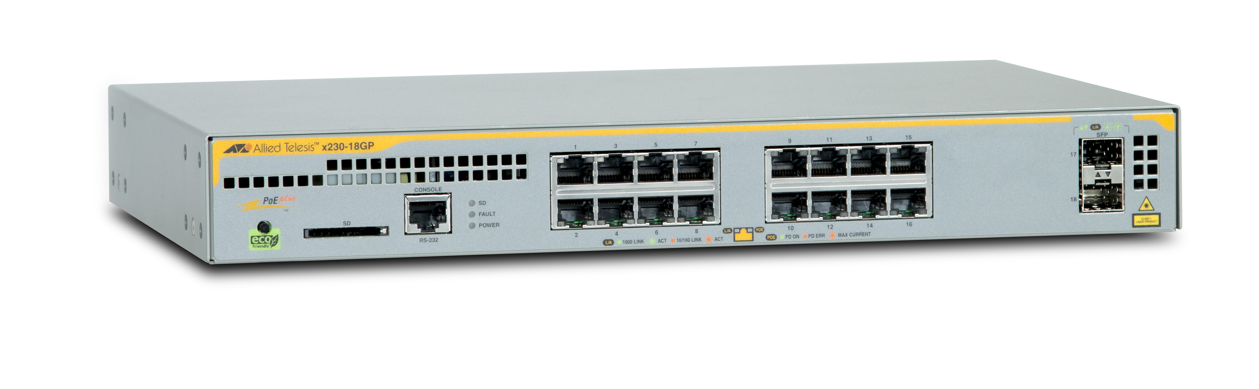Image of Allied Telesis AT-x230-18GP-50 Gestito L2+ Gigabit Ethernet (10/100/1000) Supporto Power over Ethernet (PoE) Grigio