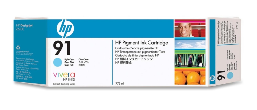 Image of HP Cartuccia di inchiostro pigmentato ciano chiaro originale DesignJet 91 da 775 ml
