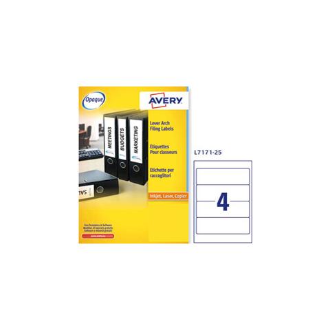 Etichette bianche per raccoglitori Avery Ultragrip? 60x200 mm - 4 et/foglio - stampanti laser - Conf 25 fogli L7171-25