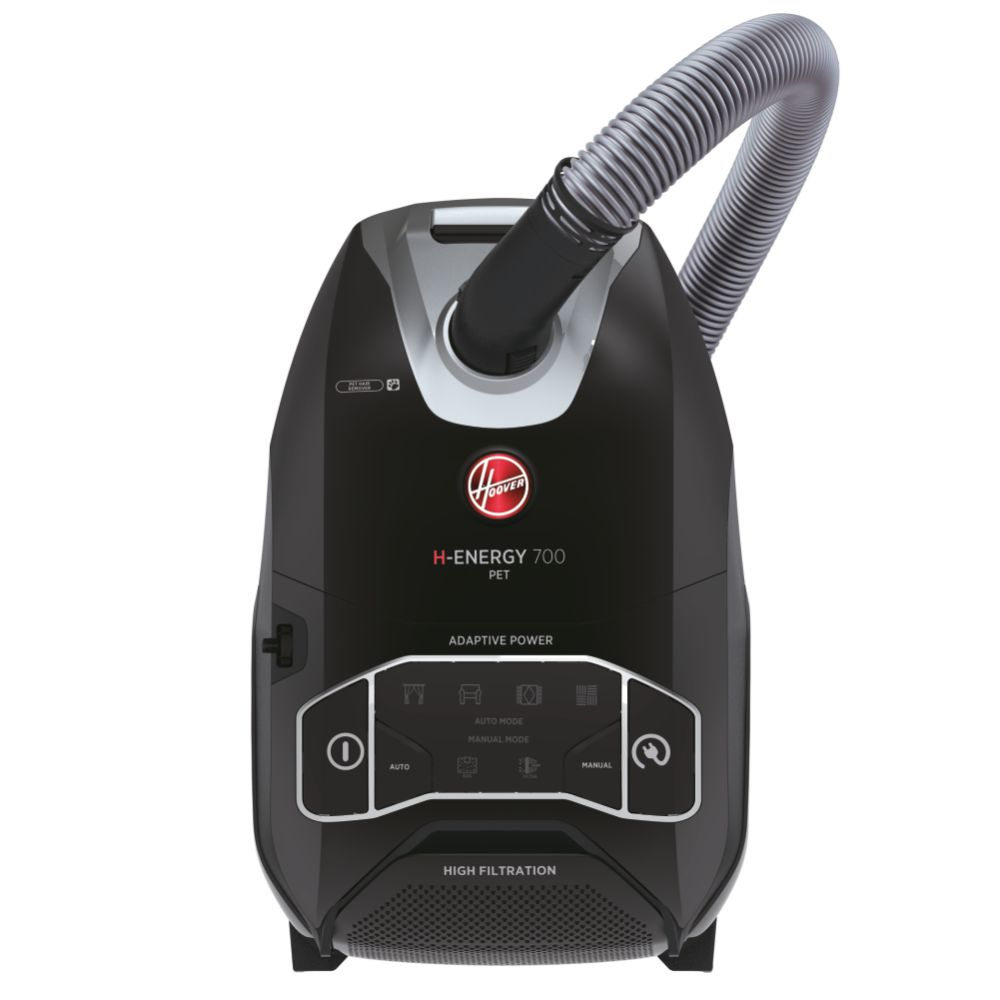 Hoover H-Energy 700 HE720PET 011 Aspirapolvere Con Sacco a Traino, Sacchetto XL, Con Filo 7m, Spazzola Mini Turbo e All Floors per tappeti e pavimenti, 850W, Accessori, Potenza variabile, Nero