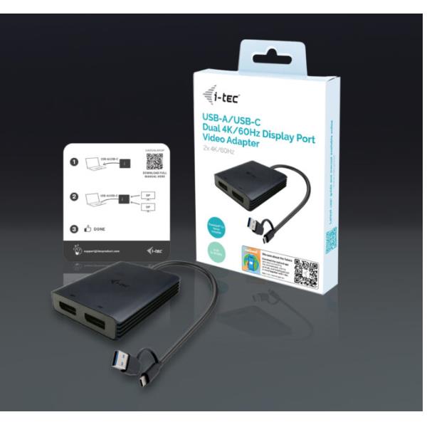 i-tec USB-A/USB-C Dual 4K/60 Hz DisplayPort Video Adapter