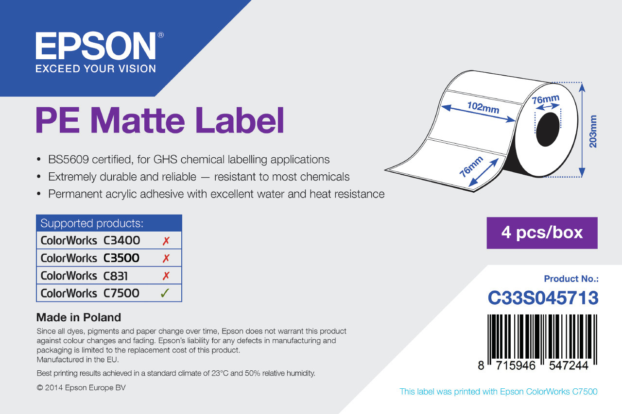 Image of Epson PE Matte Label - Die-cut Roll: 102mm x 76mm, 1570 labels