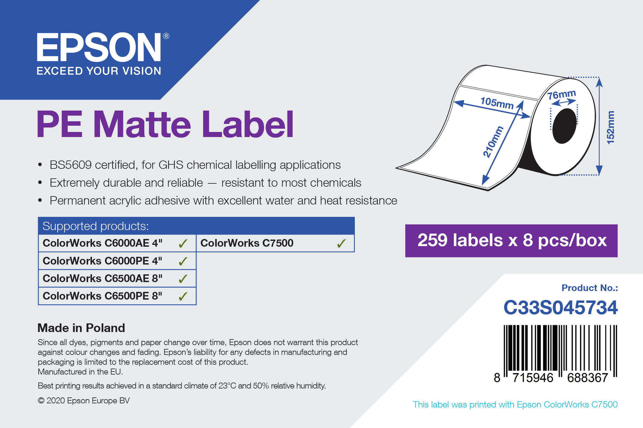 Image of Epson PE Matte Label - Die-Cut Roll: 105mm x 210mm, 259 labels