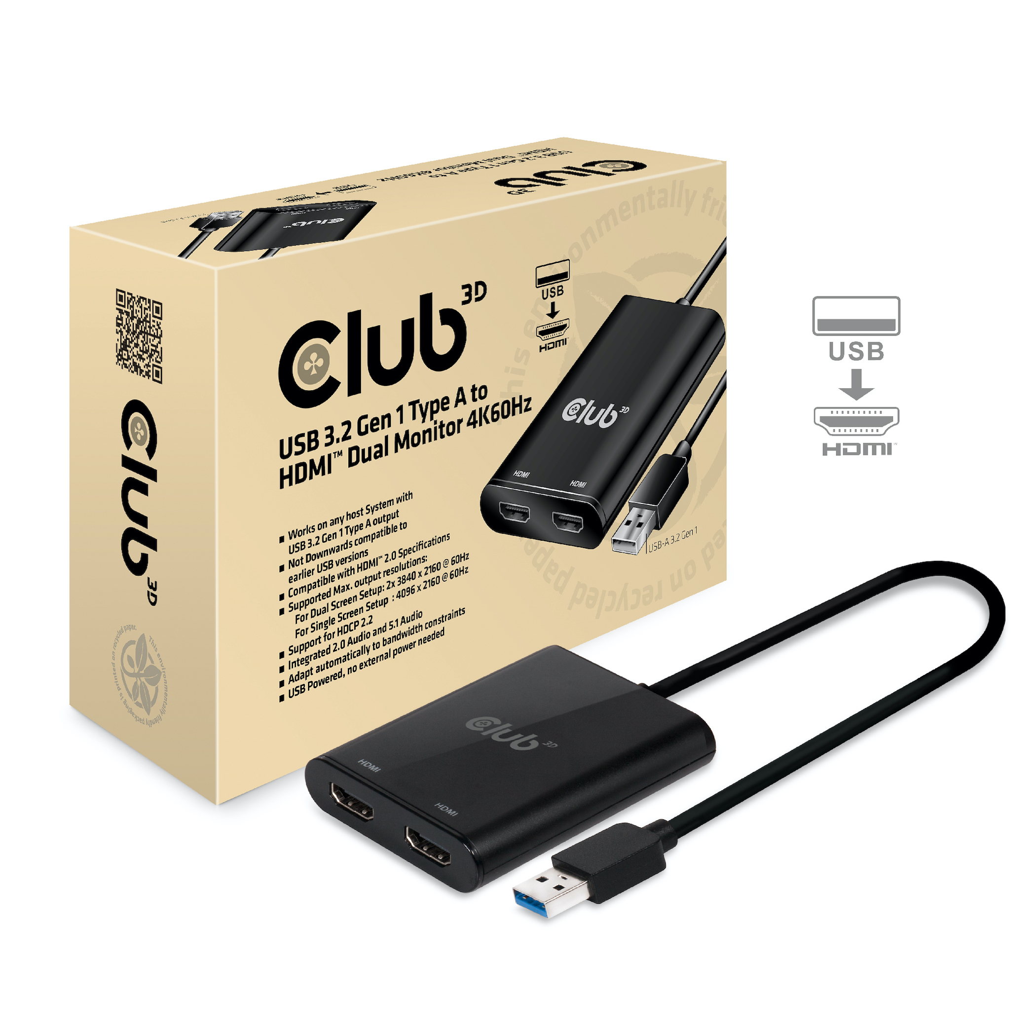 Image of CLUB3D USB A to HDMI™ 2.0 Dual Monitor 4K 60Hz