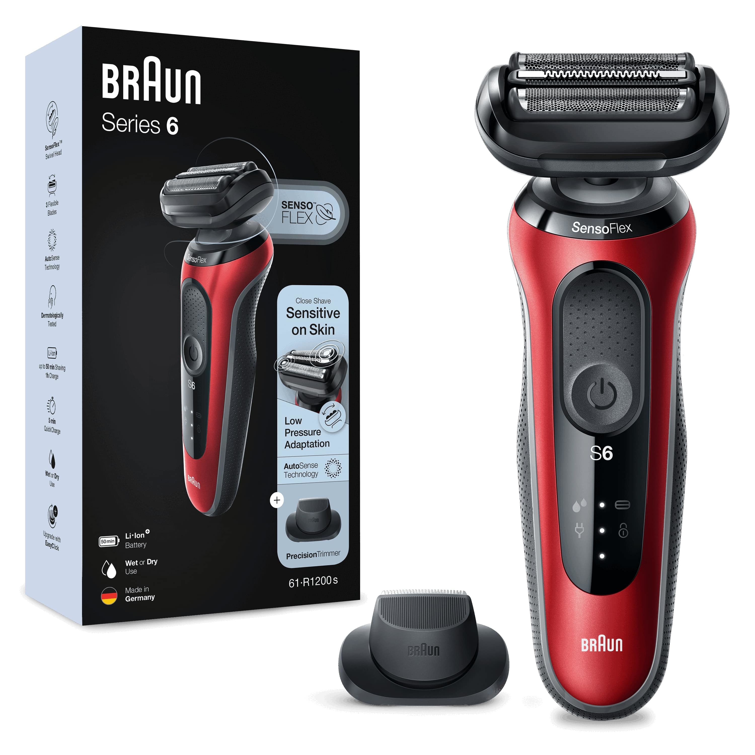 Braun series 6 61-r1200s rasoio elettrico uomo con accessorio rifinitore di precisione easyclick, sensoflex, wet&dry, ricaricabile, rasoio a lamina senza fili, rosso - 4210201433002