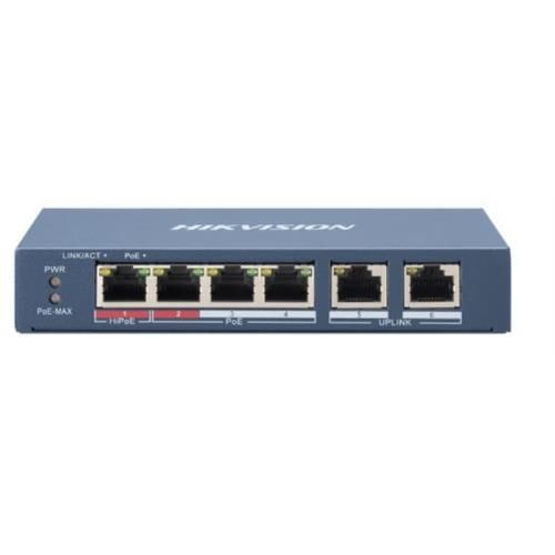 Switch hikvision l2, unmanaged, 4 10/100m rj45 poe ports, 2 10/100m rj45 uplink ports, 802.3af/at/bt, port 1 support hi-poe 60w - DS-3E0106HP-E