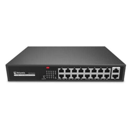 Atlantis switch gigabit poe a02-g18p16-200w 18 porte di cui 2 gigabit 16 poe 10/100mbps sino a 185w (200w tot) incl kit rack-19